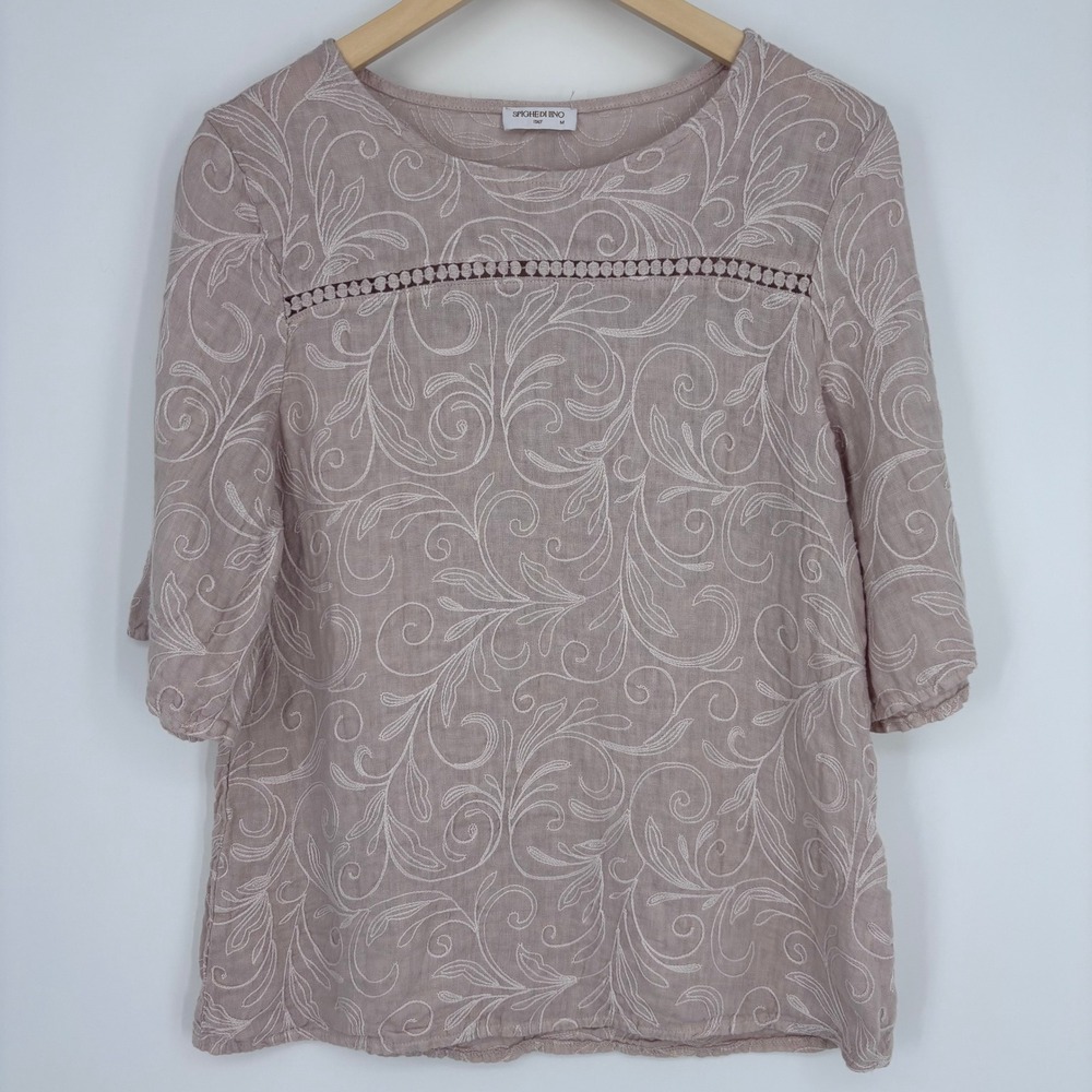 Spighe Di Lino Blouse Women M Dusty Pink 100% Linen Embroidered Boho Top Italy